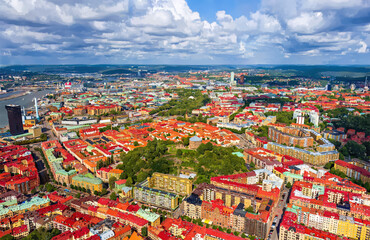 Wall Mural - Gothenburg, Sweden. Watercolor illustration. Skansen Kronan - fortress tower. Panorama of the city in summer in cloudy weather. Aerial view