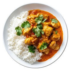 Chicken curry with basmati rice on white plate top view isolated on transparent background