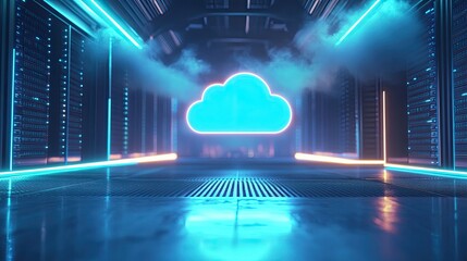 Image of a modern data center aisle, with rows of server racks on each side.