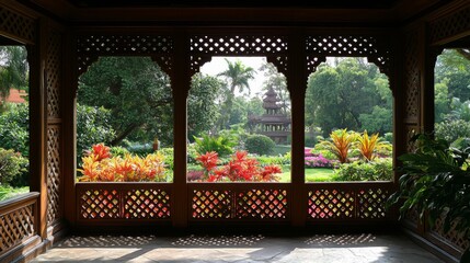 Poster - Wooden Pavilion Overlooking Lush Garden And Pagoda