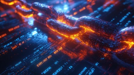 Digital illustration of a glowing blockchain concept with a close-up of a chain made of binary code