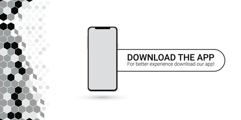 Download the app now. Simple UI Download the app now cover or banner with smartphone. Download our app sticker or label isolated vector illustration on white background