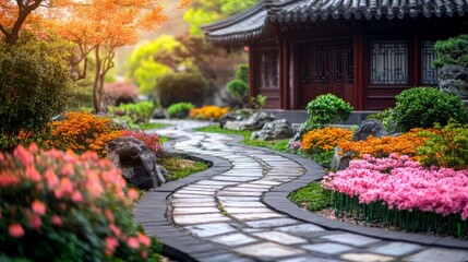 Poster - Serene Garden Path Winding Past Asian Architecture