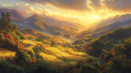 Wall Mural - Golden Sunset Over Verdant Rice Terraces And Majestic Mountains