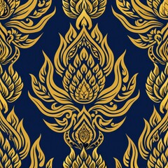 Wall Mural - A striking pattern featuring ornate golden floral motifs on a deep blue background, exuding elegance and cultural richness.