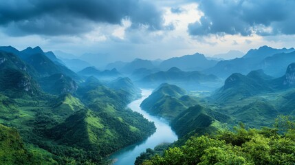 Poster - Serene River Winding Through Lush Green Mountains