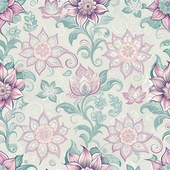 Wall Mural - A delicate floral pattern featuring intricate flowers and swirling leaves in soft pastel colors, creating a serene and elegant ambiance.