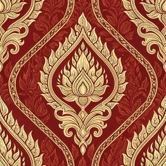 Wall Mural - A rich, intricate pattern featuring golden lotus motifs on a deep red background, embodying elegance and traditional design.