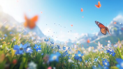 Wall Mural - Enchanted Butterfly Meadow: A Serene Mountain Landscape