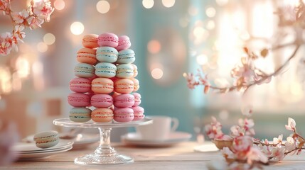 Wall Mural - Colorful Macaron Tower Displayed in a Serene Setting with Blossoms