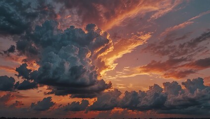 Beautiful sunset with clouds . A dramatic sunset with deep grey clouds and fiery orange tones fills the sky.