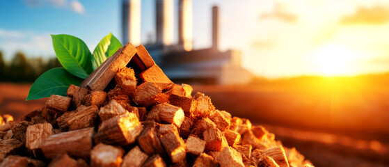 Sustainable biomass collection renewable energy facility wood chip pile in sunset eco-friendly environment co2 emission reduction concept