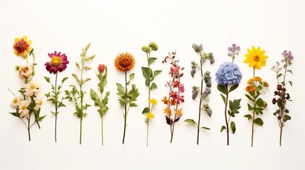 Poster - Stunning lineup of twelve unique and colorful flowers displayed in two neat rows against a pristine white backdrop creating a minimalist and elegant botanical composition