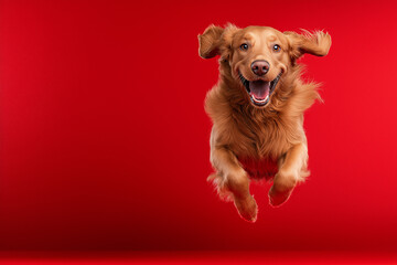 Happy dog jumping against a red background