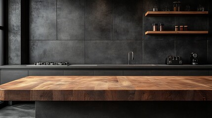 Wall Mural - beautifully crafted wood countertop in a modern kitchen set against a dark concrete wall background 