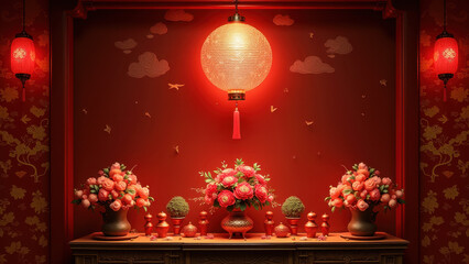 Wall Mural - Lunar New Year Red Lantern & Flowers - Asian-inspired design