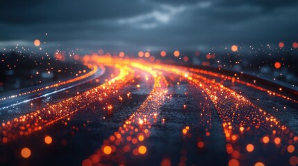 Wall Mural - Glowing particle streams flow on dark road at night under stormy sky
