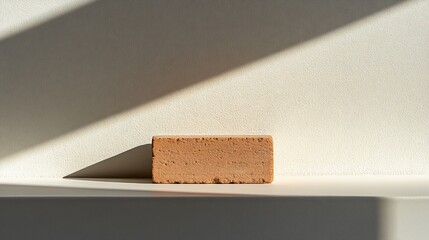 Wall Mural - Single terracotta brick on white surface, sunlit.