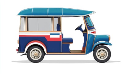 Wall Mural - A clean vector art of a traditional tuk-tuk, highlighting blue, red, and white flag-inspired colors, with one front and two rear wheels, on white