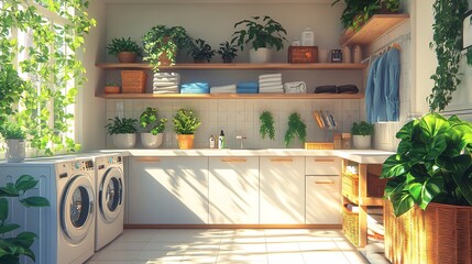 Wall Mural - Bright and airy laundry room featuring a pristine white countertop perfect for product presentation surrounded by a washing machine shelves filled with clothes and vibrant green plants