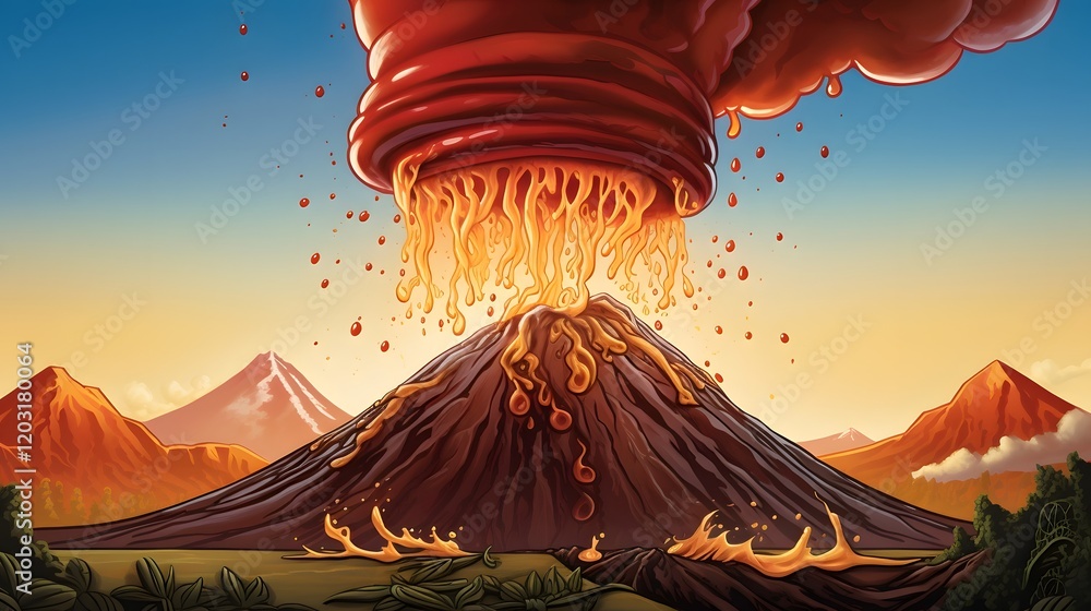 Whimsical cartoon volcano wearing a chef s hat and spewing out ...