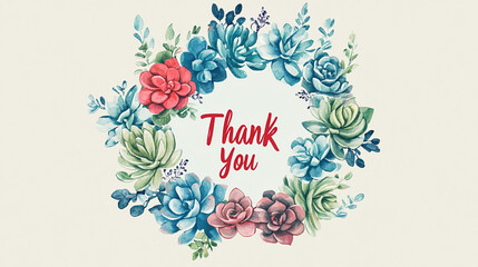 Wall Mural - The image features a watercolor-style floral arrangement with shades of blue, green, and red succulents and leaves, surrounding the words \