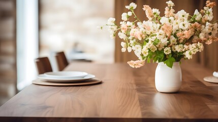 Wall Mural - Freshly Cleaned Wooden Dining Table with a Vase of Vibrant Flowers Serving as an Elegant Centerpiece Creating a Calming and Inviting Home Atmosphere