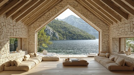 Wall Mural - Lakeside cabin interior with mountain view and seating area