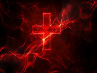 Wall Mural - Fiery Cross: Glowing Symbol in Red Abstract Nebula