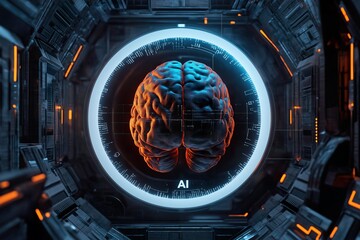 Wall Mural - 3D illustration of a human brain in futuristic space with HUD elements.