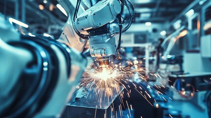 Wall Mural - a robot performing complex welding tasks in a futuristic automotive factory with advanced welding ro