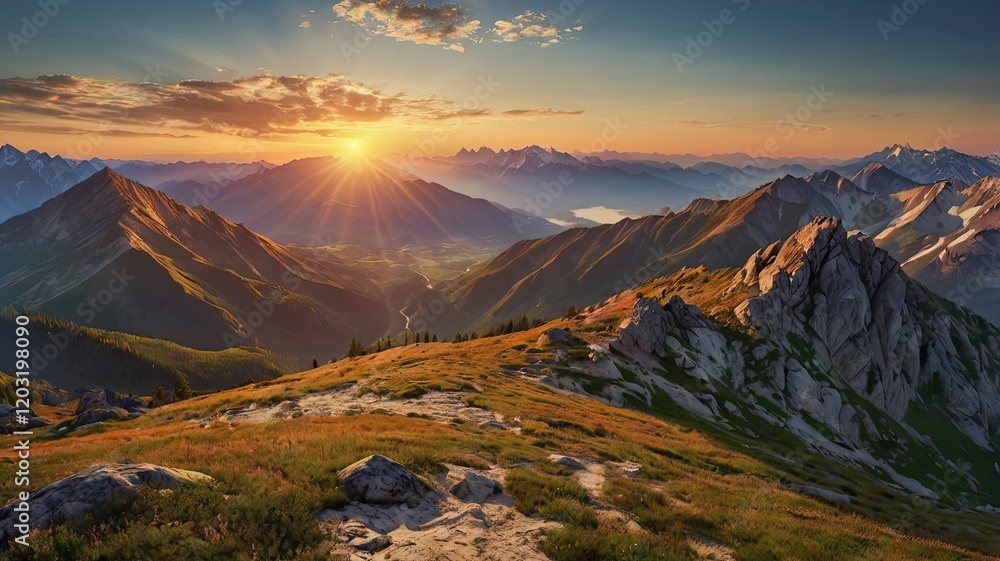 sunrise in the mountains, A panoramic view of a majestic mountain range ...