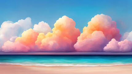 Poster - Cloudy dream aesthetic, A serene fantasy beach scene depicting the ocean merging with the horizon, showcasing vibrant colors and high fidelity details.