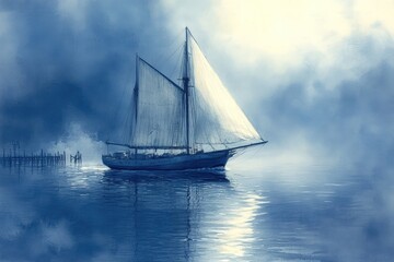 Canvas Print - Sailboat glides, serene blue waters, misty sky.