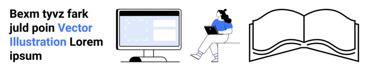Computer monitor with code, sitting figure using laptop, open book. Ideal for e-learning, online courses, education, remote work, programming studies, digital learning platforms, distance education
