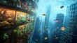 © RANA - Vibrant marine life thrives in a futuristic underwater cityscape with towering structures.