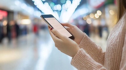 Woman using smartphone in shopping mall.