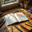 © Miftahul - Drawing books and crayons evoke a creative and playful atmosphere, often associated with childhood or artistic expression.