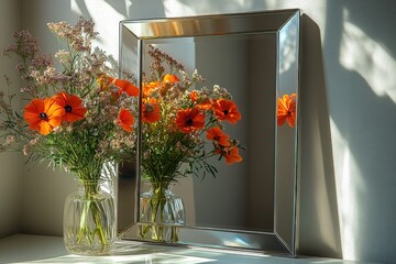 Wall Mural - Mirror reflects orange flowers in vases.