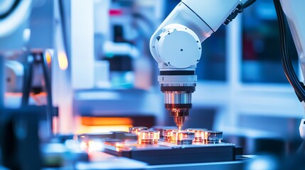 Wall Mural - a robot performing high-precision assembly of optical lenses in a clean and sophisticated optics lab