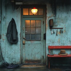 Poster - Here's a 10-word description of the image: Weathered teal door,