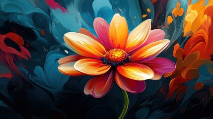 Wall Mural - Vibrant flower, abstract paint swirls, colorful art.