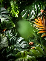 Wall Mural - Lush Tropical Leaves Frame Green Background. AI Generated