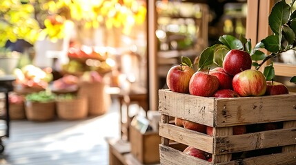 Wall Mural - Fresh apples in crate at farmers market with autumn background