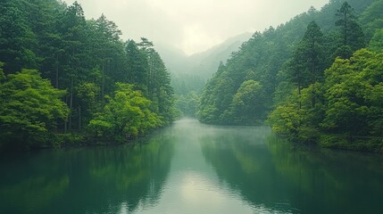 Poster - Serene river flowing through lush green mountains