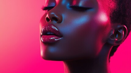 Wall Mural - photorealistic minimalistic single bold lip color applied to glowing, flawless skin in a soft light setting