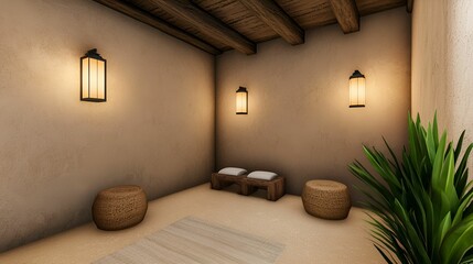 Wall Mural - Mindful living  balance concept. Cozy interior with soft lighting, natural materials, and a serene atmosphere.