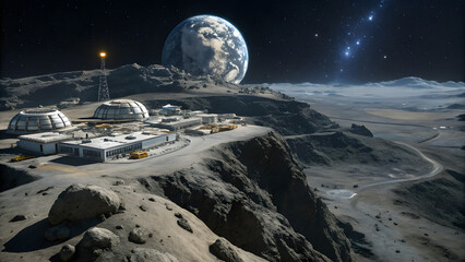 Wall Mural - Space Colony on Asteroid with Earth and Galaxy in the Background. Perfect for: Space Exploration Day, Sci-Fi Events, Astronomy Exhibitions