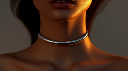 Wall Mural - photorealistic minimalistic smooth metallic choker on a bare neckline illuminated by soft lighting