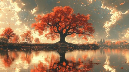 Sticker - Vibrant autumn tree reflecting in serene lake landscape